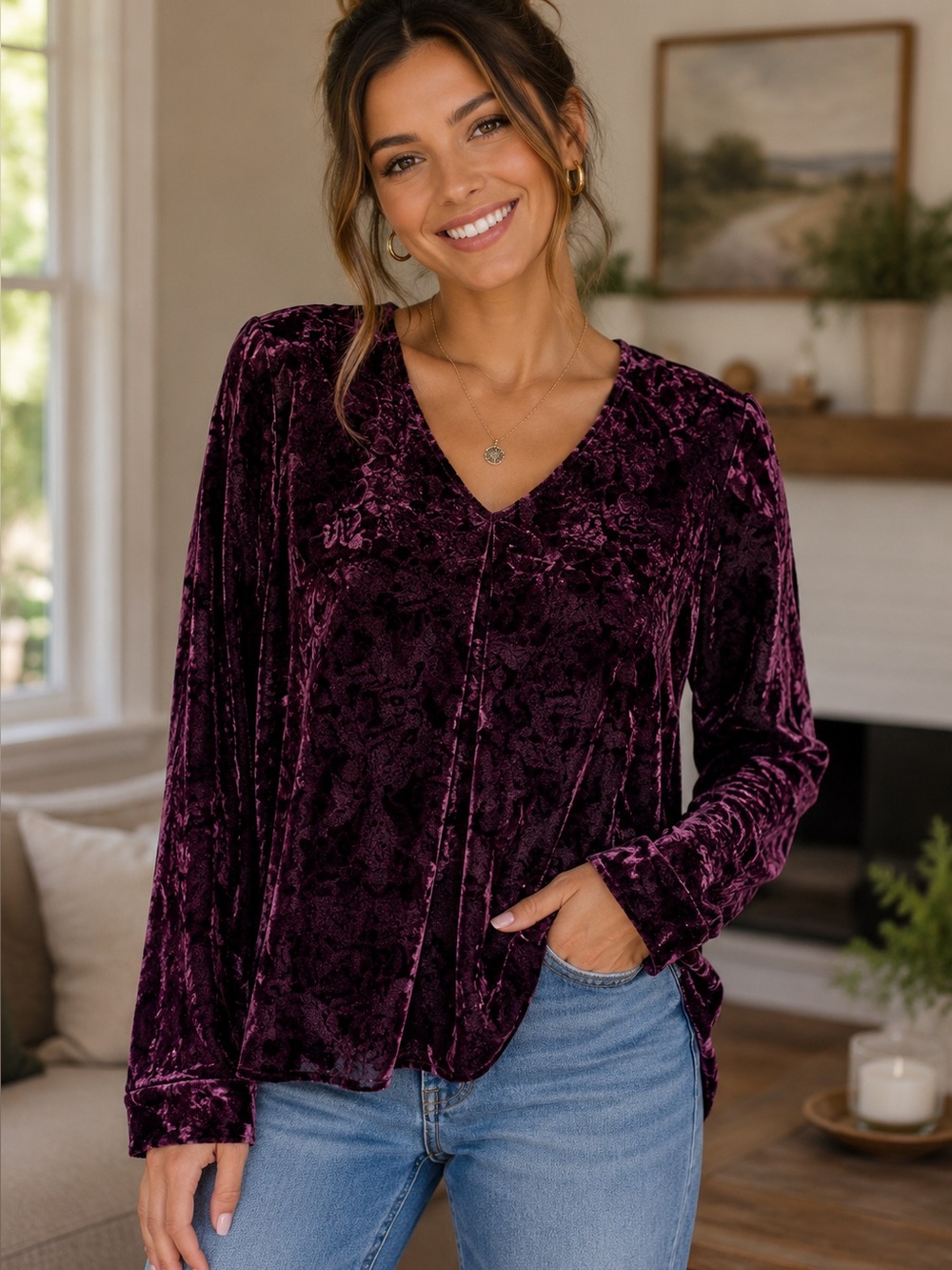 J.Jill Floral Embossed Velvet Burnout V-Neck Long Sleeve Blouse Top - XS #Q3